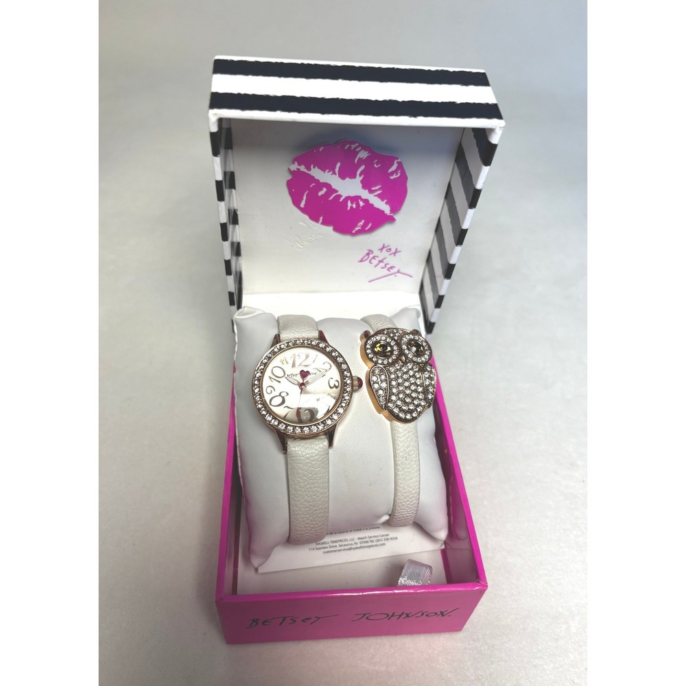 Betsey Johnson White Rose Gold Owl Watch and Bracelet Set with Box
